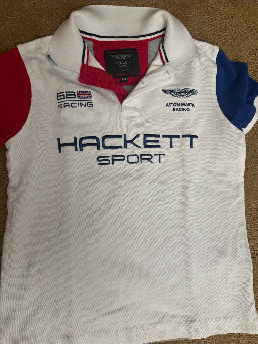Hackett Kids Polo Shirt in White with Red & Blue Sleeves